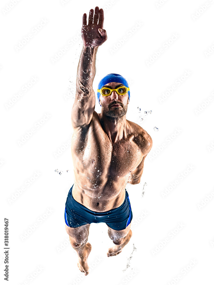 Wall mural man sport swimmer swimming isolated white background