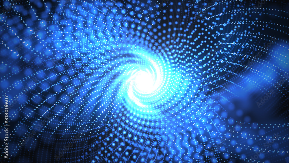 Poster Bright wavy background. Glowing dots and lines. Neon light. Wave element for design. Smooth particle waves. Dynamic techno wallpaper. Blue color