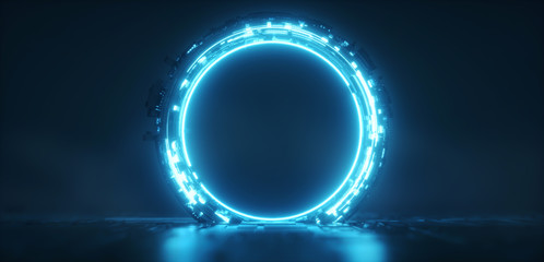 Futuristic blue glowing neon round portal. Sci fi metal construction. - obrazy, fototapety, plakaty