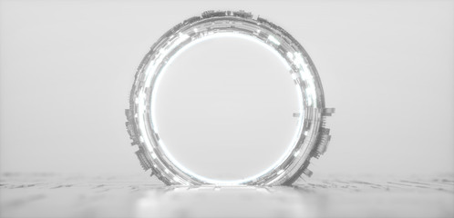 Futuristic white glowing neon round portal. Sci fi silver metal construction. - obrazy, fototapety, plakaty