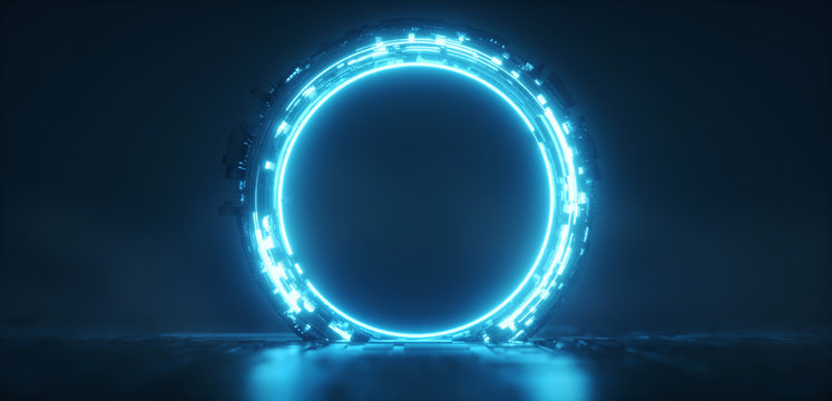 Futuristic blue glowing neon round portal. Sci fi metal construction.