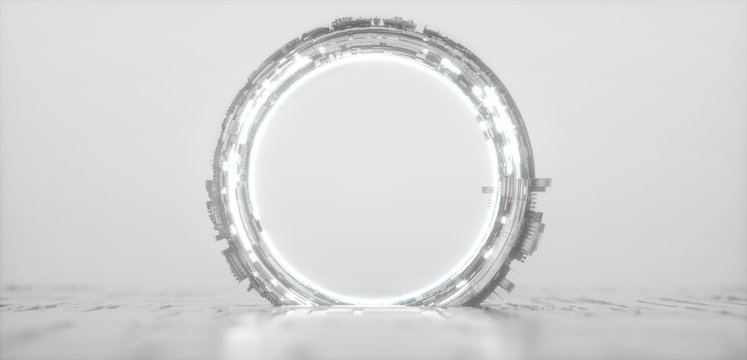 Futuristic white glowing neon round portal. Sci fi silver metal construction.