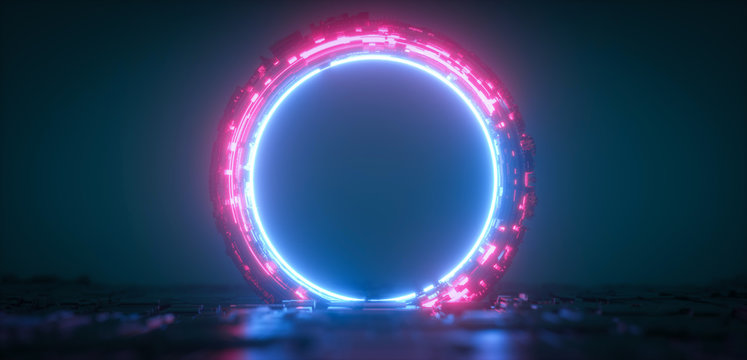 Futuristic blue and red glowing neon round portal. Sci fi metal construction.