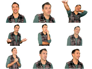 set of photos. collage. the boy portrays feelings - Displeasure, Sadness, Sadness, Disappointment,...