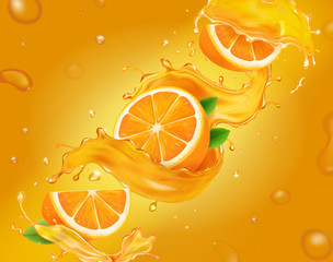 Vector juicy, fresh orange background with whole and slices of oranges with juice splash, leaves and drops advertising