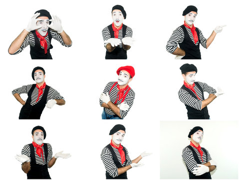 shocked mime with red bow isolated on white background