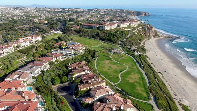 Aerial view of Salt Creek and Monarch beach coastline. Small neighborhood in Orange County City of Dana Point. California, USA. Aerial view of wealthy villa and coastline. 