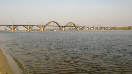 Merefa-Kherson railway bridge over the Dnipro River in the city of Dnipro, Ukraine.
