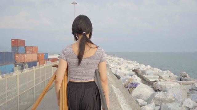Painter with easel and coloring book walking on the pier, slow motion, CINE color/vintage