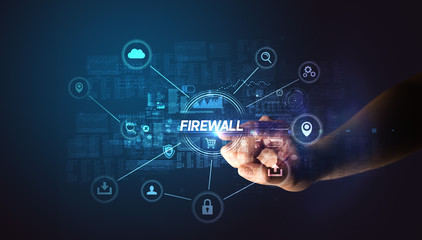 Hand touching FIREWALL inscription, Cybersecurity concept