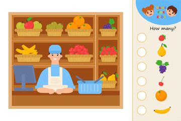 Education logic game for preschool kids. Kids activity sheet. How many Fruit on shop shelves. Children funny riddle entertainment.