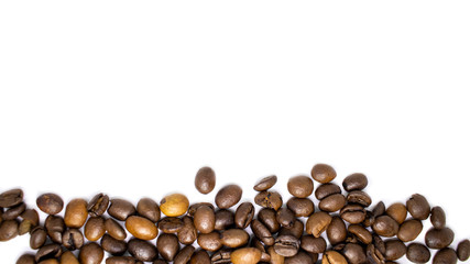 Coffee beans background, roasted coffee beans on a white background, space for text.