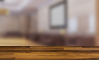 Empty interior with large window. Retro light bulb. The floor is of brown parquet.  3D rendering. wooden table. blurred background