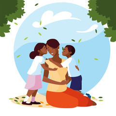 woman and children with background landscape