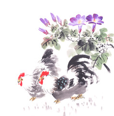 rooster and hen with flower drawn in chinese painting style,mean good bless
