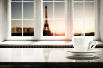 Wooden desk with window and coffee background. 