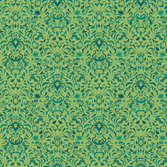 A green damask botanical ornament seamless vector pattern. Elegant vintage surface print design.