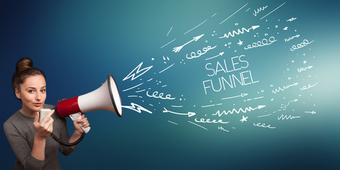 Young girl screaming to megaphone with SALES FUNNEL inscription, shopping concept