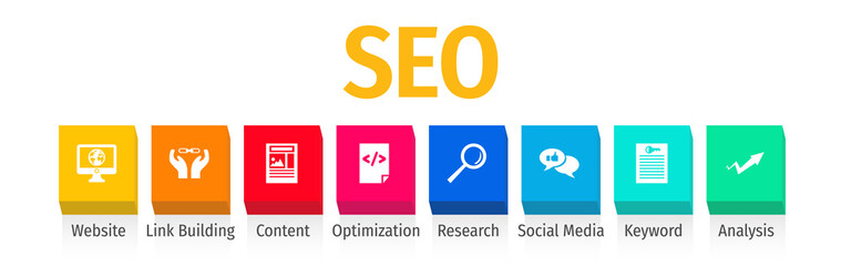 SEO search engine optimization banner web icon for business and marketing, traffic, ranking, optimization, link and keyword. Minimal vector infographic.