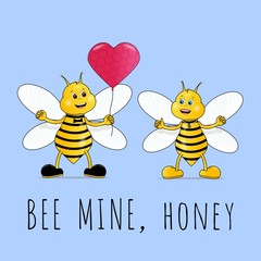 Couple bees in love Valentines Day greeting card, two cute bee cartoon characters with heart balloon. Be mine, honey. Vector Illustration.