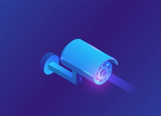 Isometric camera video 3d isometric icon, blue neon symbol of smart multimedia device