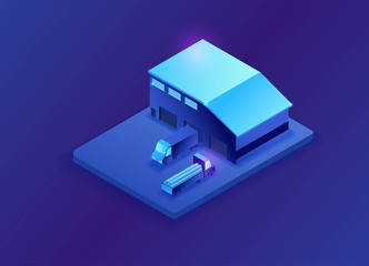 Warehouse isometric 3d illustration, neon blue storage building with trucks
