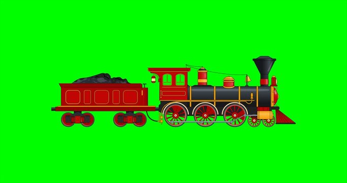 Red  vintage retro steam train pulls tender wagon with coal. Wheel rotation, piston and connecting rod movement, bell swinging
