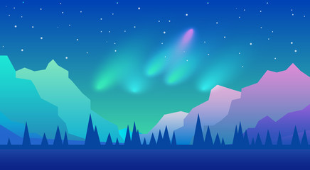 Vector abstract background. Northern Lights. Landscape in minimalistic concept. Sky with color gradient fill. Graphic design element for games, web pages, banners. UI design. 