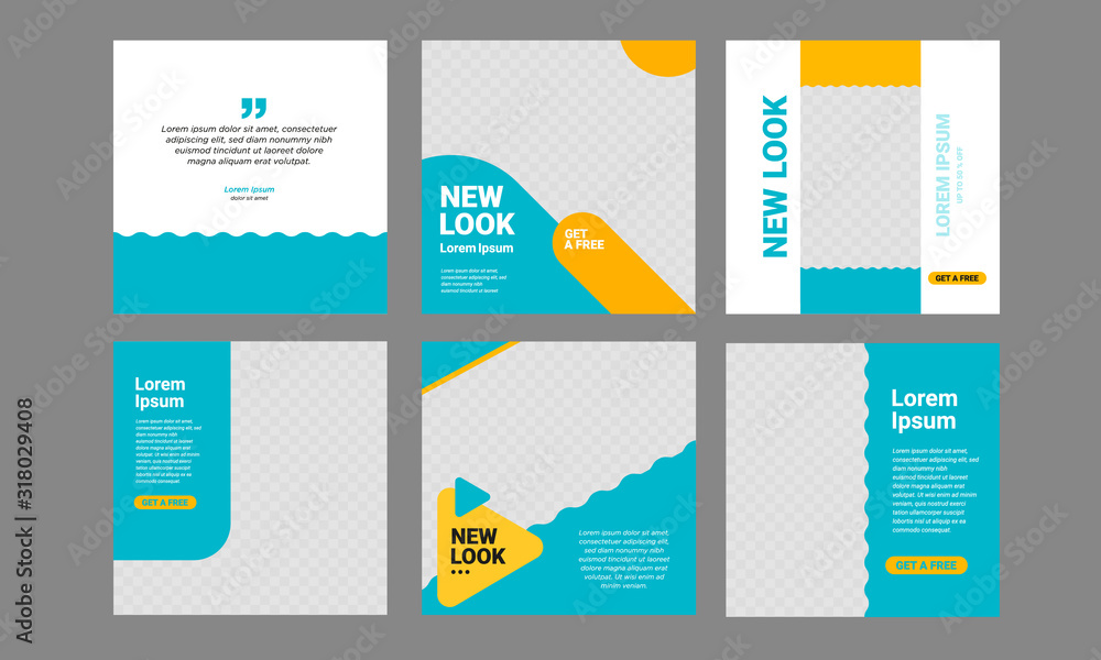 Wall mural set of editable minimal square banner template. blue and yellow background color with stripe line sh