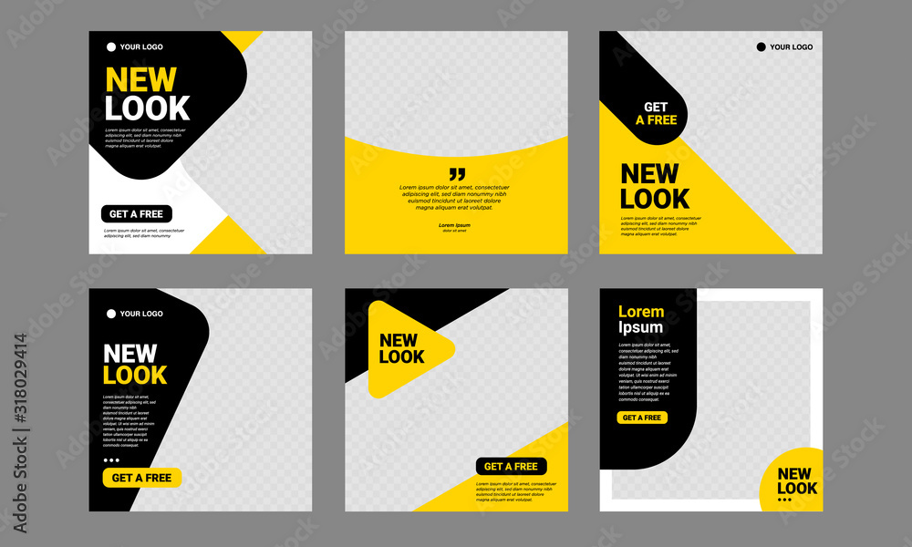 Wall mural set of editable minimal square banner template. black and yellow background color with stripe line s