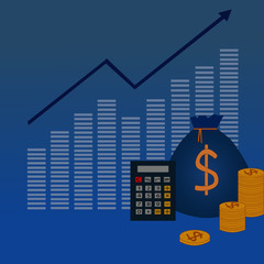 vector image of growing chart and arrow with calculator, coins and sack with dollar sign