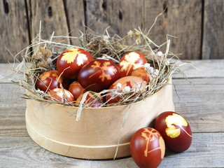 Easter. Coloring eggs for Easter onion peel. The traditional method of natural coloring. Eggs in a...