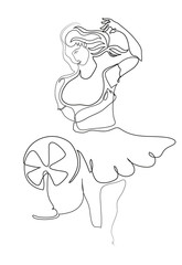 One continuous line drawing of  sweating woman cooling herself with fan. Simple line art drawing of summer and hot weather concept.