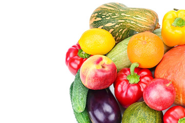 Fruits and vegetables isolated on a white background. Free space for text.