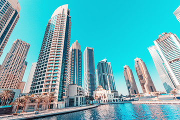 Fototapeta premium Dubai marina skyscrapers and famous muslim mosque