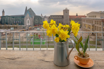 A bouquet of yellow daffodils (Narcissus pseudonarcissus) stands on a wooden table. Concept: decoration or spring