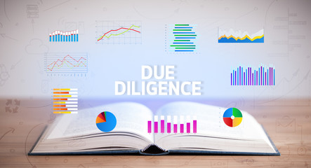 Open book with DUE DILIGENCE inscription, new business concept