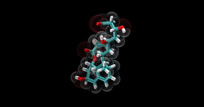 Pravastatin, HMG-CoA reductase inhibitor, statin cholesterol reduction, 3d molecule in stick representation, spinning on Y axis, 4K
