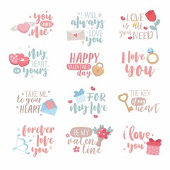 Happy Valentine's Day typography set. Hand drawn lettering with cute love icons. Emblems and text element with hearts, flowers, gifts. Amazing text for greeting card, poster, post card.