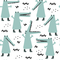 Seamless childish pattern with cute crocodiles. Vector Illustration