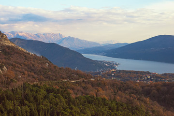 Obraz premium Beautiful Mediterranean landscape on winter evening. Montenegro, view of Bay of Kotor near Herceg Novi city