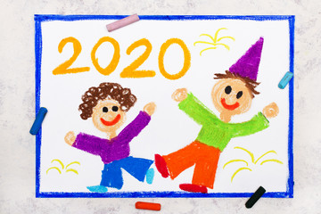 Photo of colorful drawing: happy kids dancing and celebrating the New Year 2020