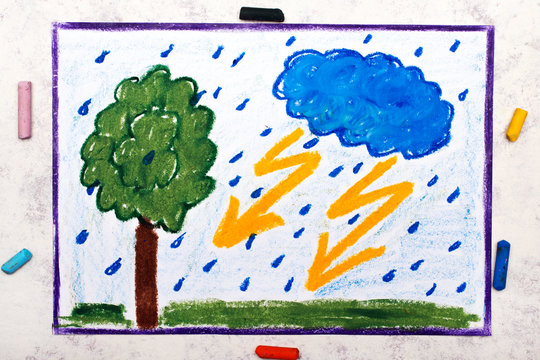 Photo of colorful drawing: Stormy weather, Lightning strike hits next to a tree