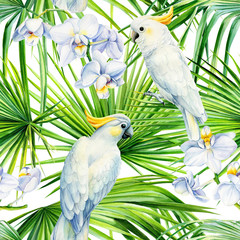 tropical seamless pattern, palm leaves, orchid flowers, white cockatoo parrot on an isolated white background, watercolor illustration, wallpaper, botanical painting