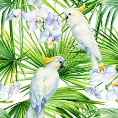 Abwaschbare Fototapete Papagei tropisches nahtloses muster, palmblätter, orchideenblumen, weißer kakadupapagei auf einem isolierten weißen hintergrund, aquarellillustration, tapete, botanische malerei
