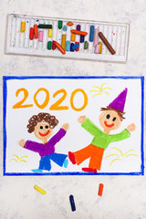 Photo of colorful drawing: happy kids dancing and celebrating the New Year 2020