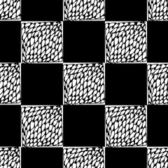 Chess seamless pattern. Monochrome vector illustration with hand drawn graphic elements.