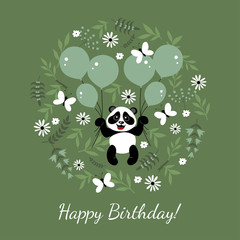 Little, funny, cute panda flies in balloons. Children's illustration decorated with plant elements.