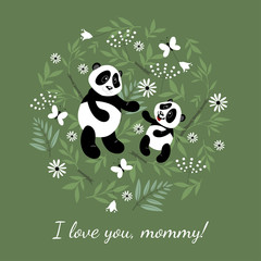 Mom panda picks up a fun little panda. Children's illustration decorated with floral elements by butterflies.