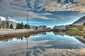 Olafsfjordur city in northwestern Iceland.-